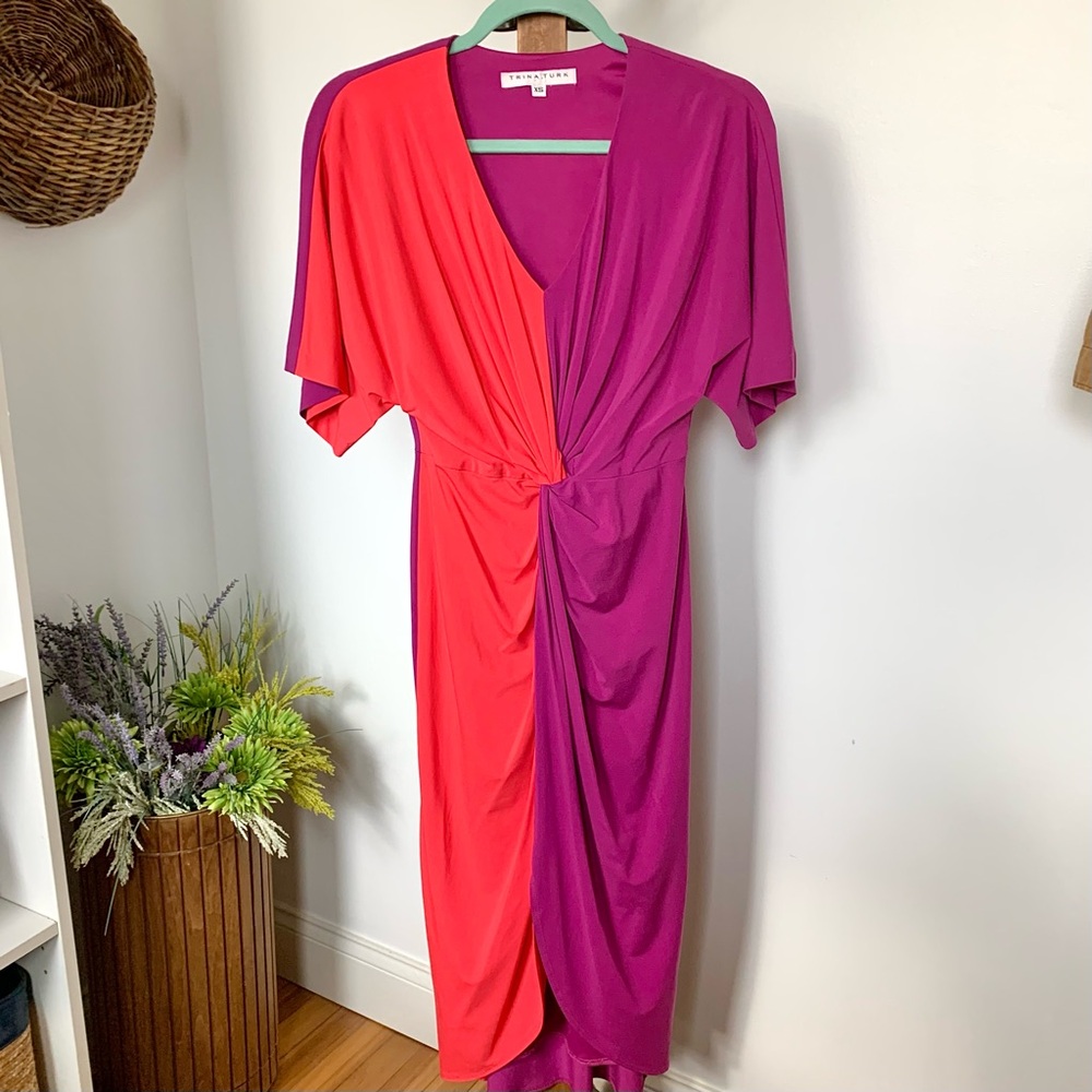 Trina Turk Etta Dress Vivid Viola Bodycon Front Twist Fluttery Dolman sleeves XS - Picture 14 of 16